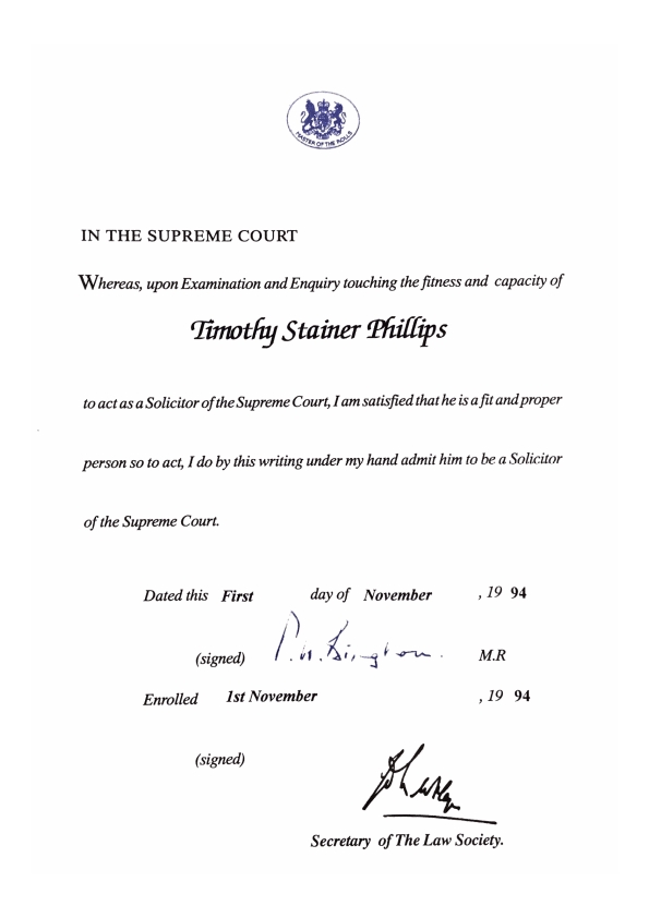 Certificate of Timothy Phillips’s admission as a solicitor